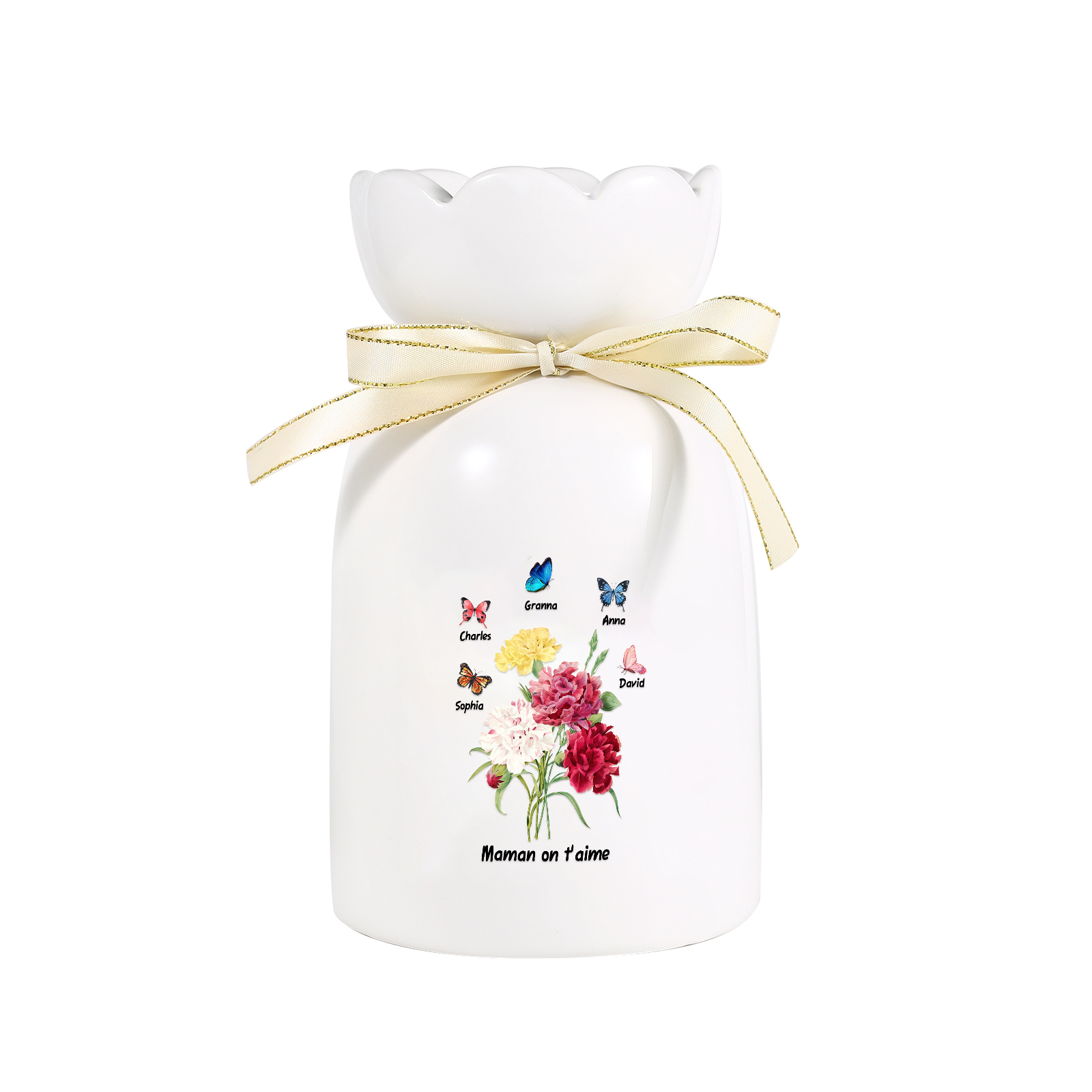À Maman/Mamie - Vase Personnalisés avec 1-8 Prénoms et 1 Texte Vase Fleurs et Papillon en Céramique (sans fleurs) | Jessemade