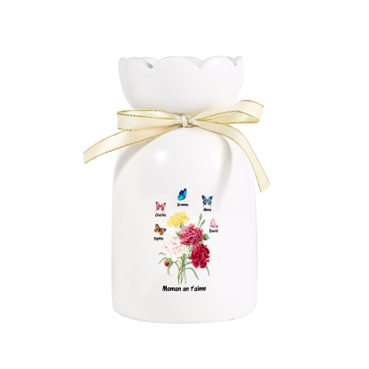À Maman/Mamie - Vase Personnalisés avec 1-8 Prénoms et 1 Texte Vase Fleurs et Papillon en Céramique (sans fleurs) | Jessemade