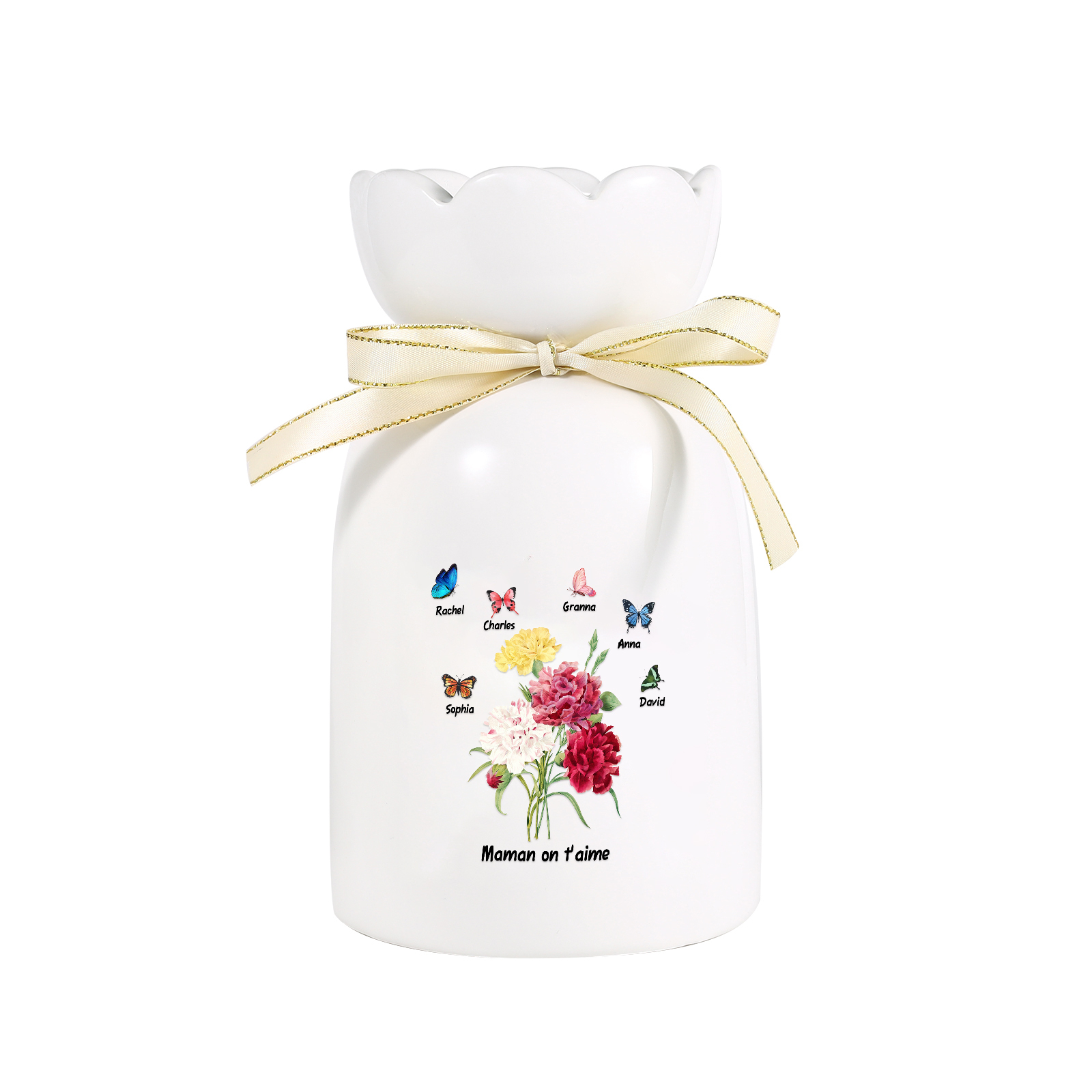 À Maman/Mamie - Vase Personnalisés avec 1-8 Prénoms et 1 Texte Vase Fleurs et Papillon en Céramique (sans fleurs) | Jessemade