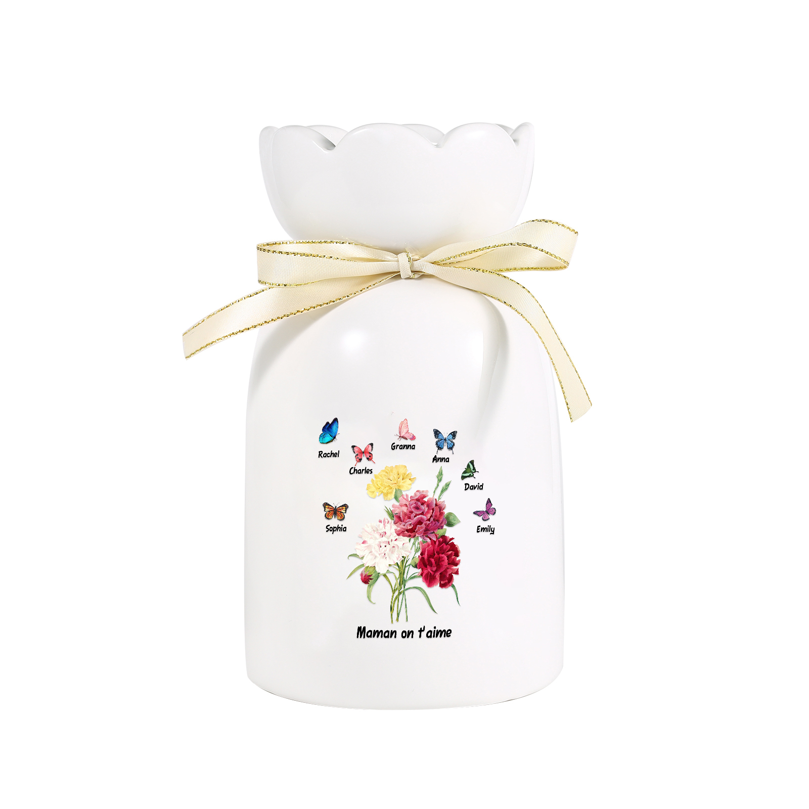 À Maman/Mamie - Vase Personnalisés avec 1-8 Prénoms et 1 Texte Vase Fleurs et Papillon en Céramique (sans fleurs) | Jessemade