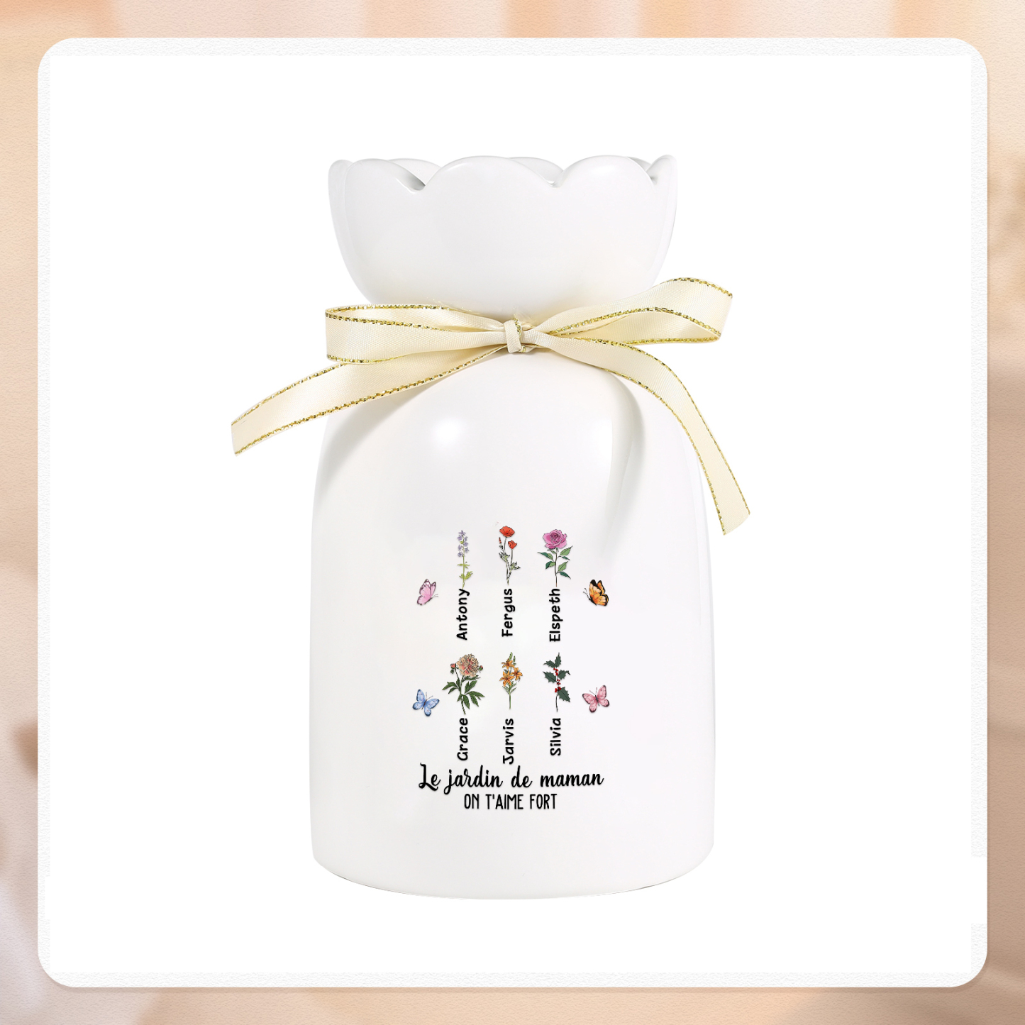 À Maman/Mamie - Vase Personnalisés avec 1-6 Prénoms et 2 Textes Vase en Céramique (sans fleurs) | Jessemade