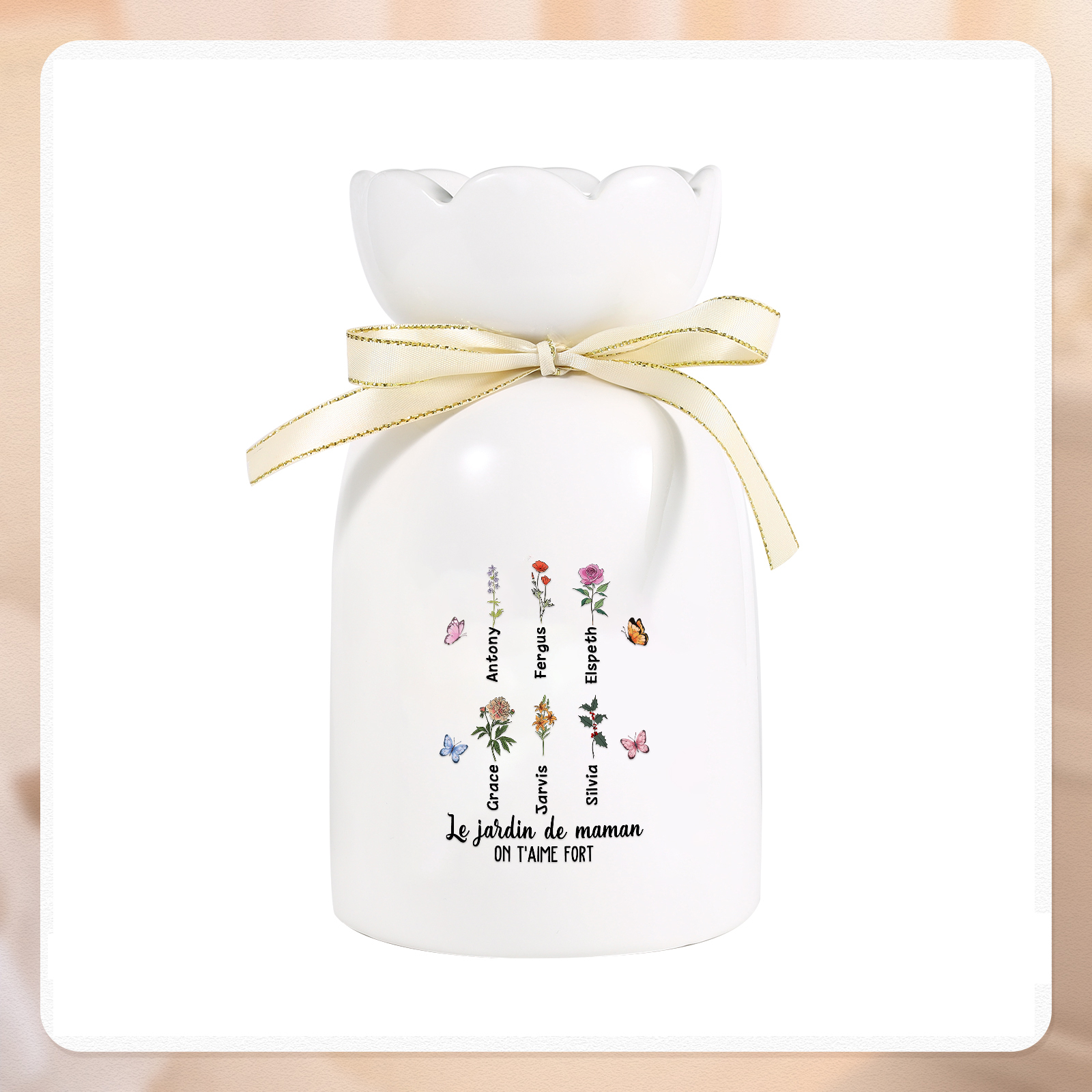 À Maman/Mamie - Vase Personnalisés avec 1-6 Prénoms et 2 Textes Vase en Céramique (sans fleurs) | Jessemade