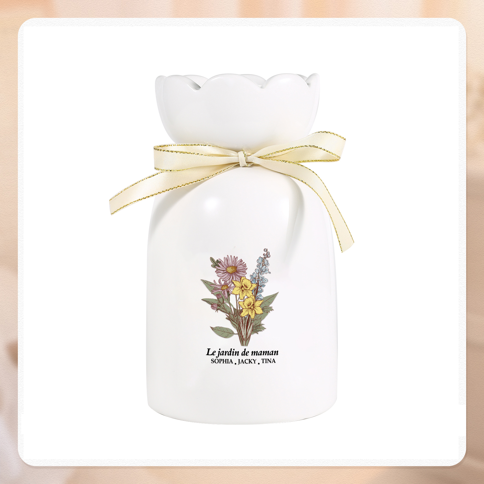 À Maman/Mamie - Vase Personnalisés avec 2-6 Prénoms et 1 Texte Vase bouquet en Céramique (sans fleurs) | Jessemade