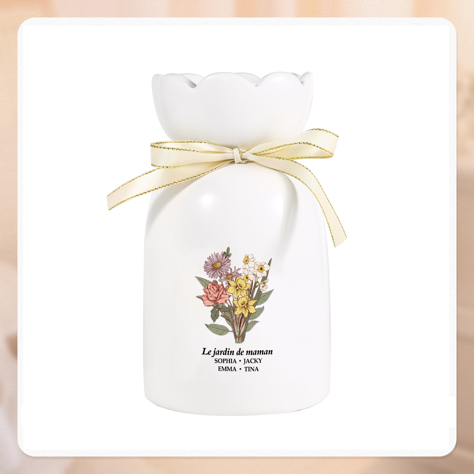 À Maman/Mamie - Vase Personnalisés avec 2-6 Prénoms et 1 Texte Vase bouquet en Céramique (sans fleurs) | Jessemade