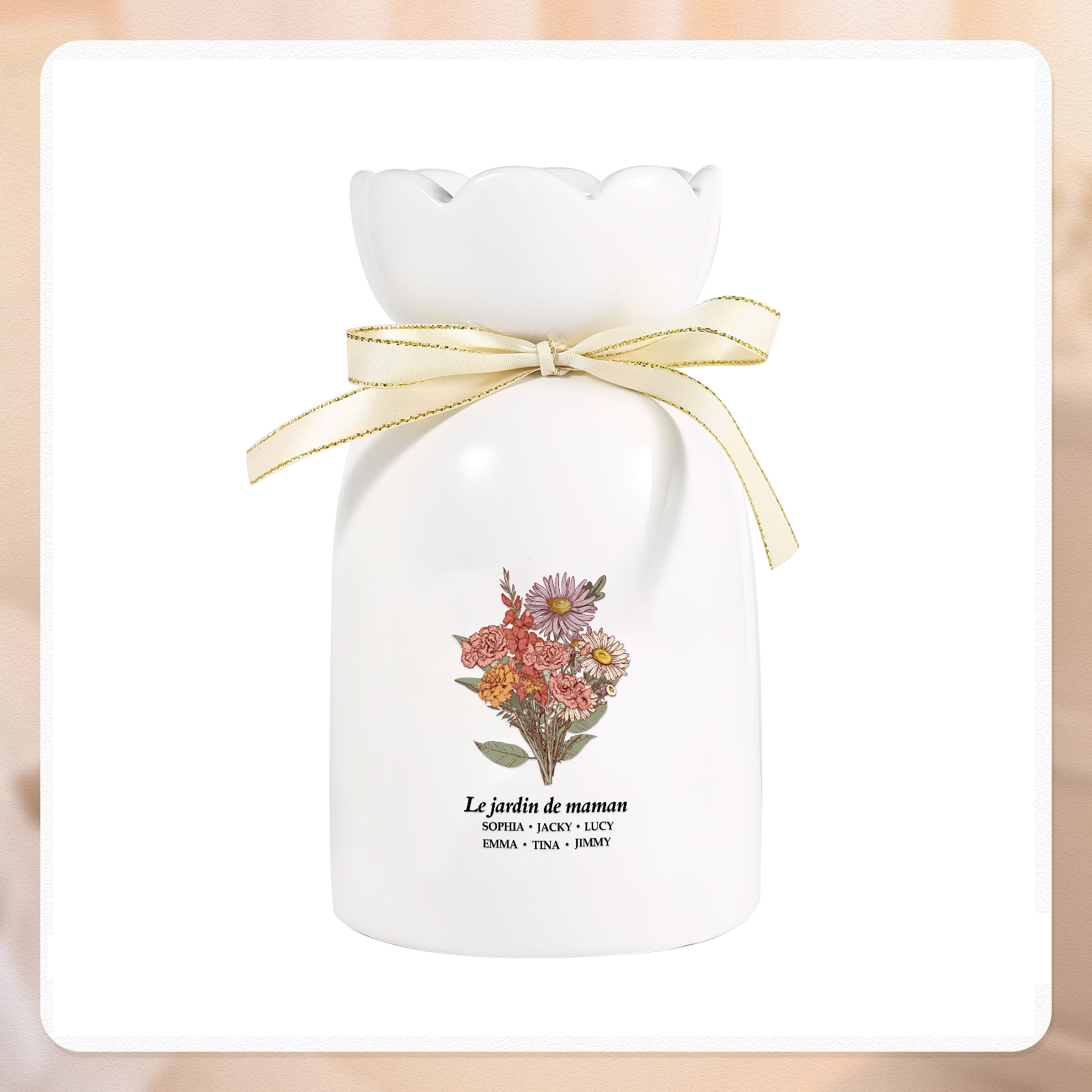 À Maman/Mamie - Vase Personnalisés avec 2-6 Prénoms et 1 Texte Vase bouquet en Céramique (sans fleurs) | Jessemade