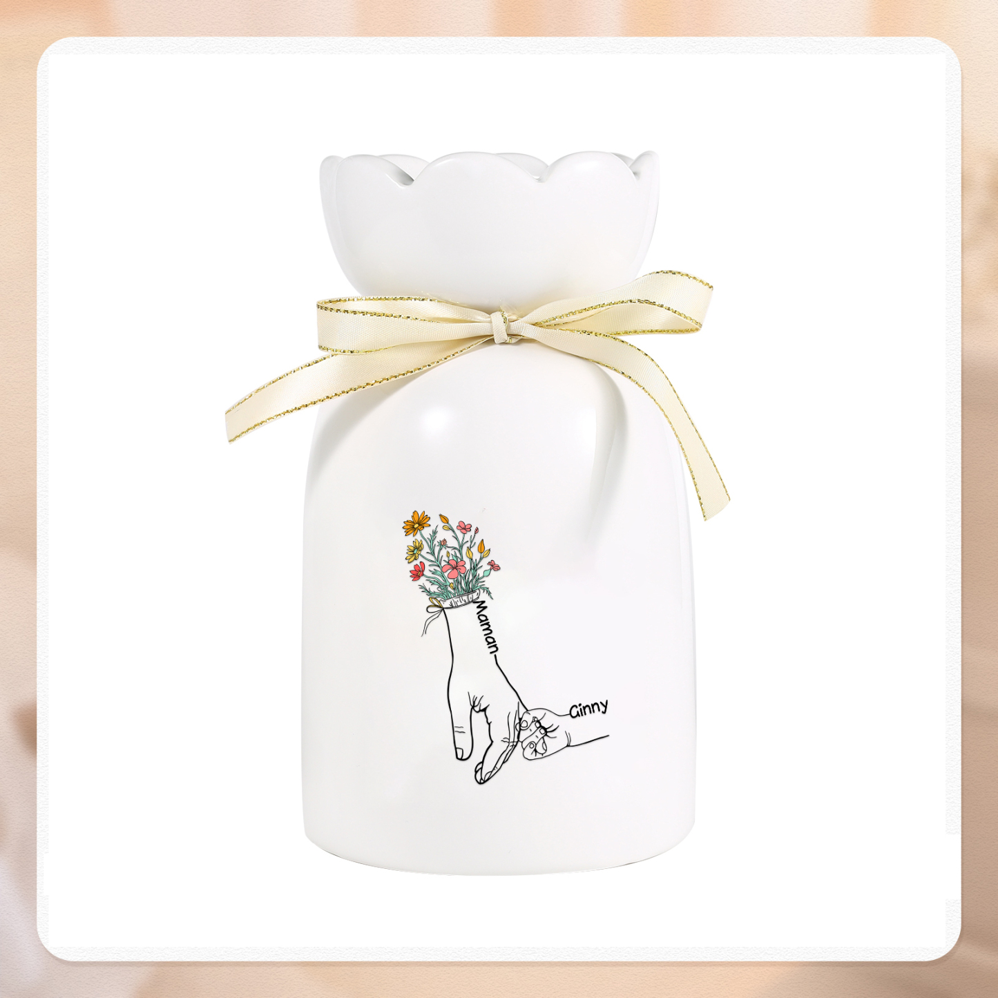 À Maman/Mamie - Vase en Céramique Personnalisés avec 2-7 Prénoms Vase la Main dans la Main (sans fleurs) | Jessemade