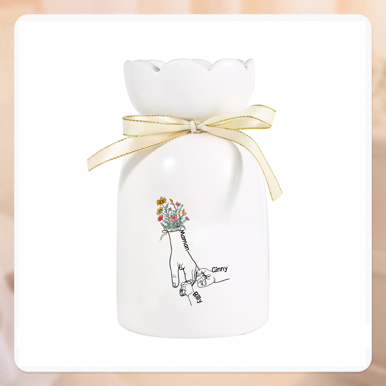 À Maman/Mamie - Vase en Céramique Personnalisés avec 2-7 Prénoms Vase la Main dans la Main (sans fleurs) | Jessemade