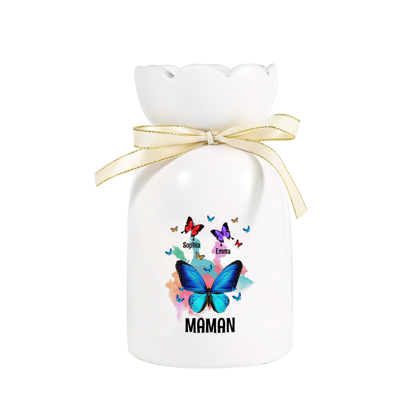 À Maman/Mamie - Vase en Céramique Personnalisés avec 1-8 Prénoms et 1 Texte Vase Motif Papillons Colorés (sans fleurs) | Jessemade