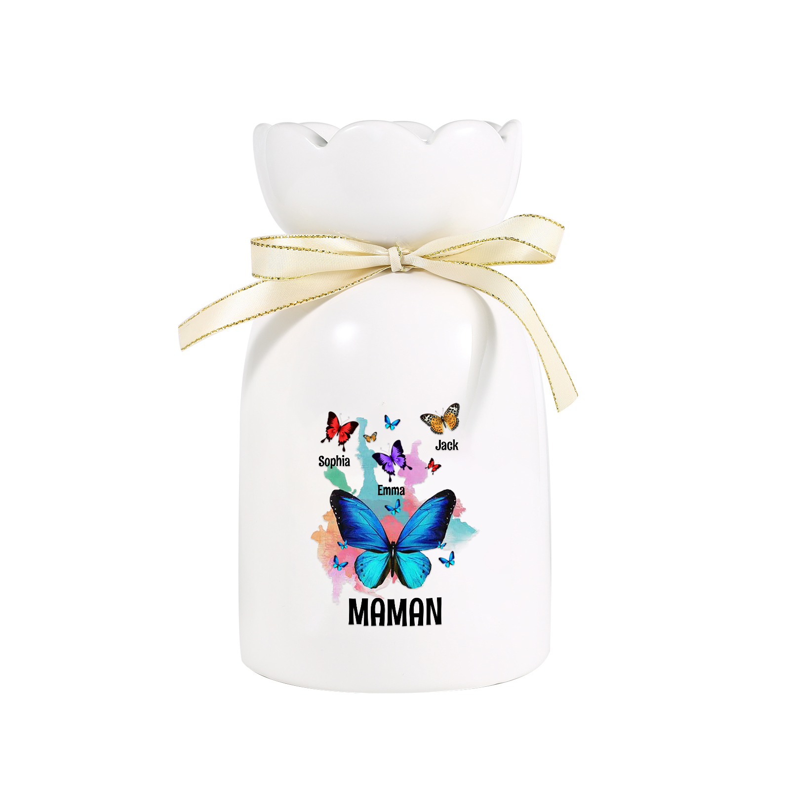À Maman/Mamie - Vase en Céramique Personnalisés avec 1-8 Prénoms et 1 Texte Vase Motif Papillons Colorés (sans fleurs) | Jessemade