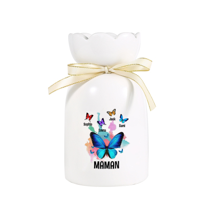À Maman/Mamie - Vase en Céramique Personnalisés avec 1-8 Prénoms et 1 Texte Vase Motif Papillons Colorés (sans fleurs) | Jessemade