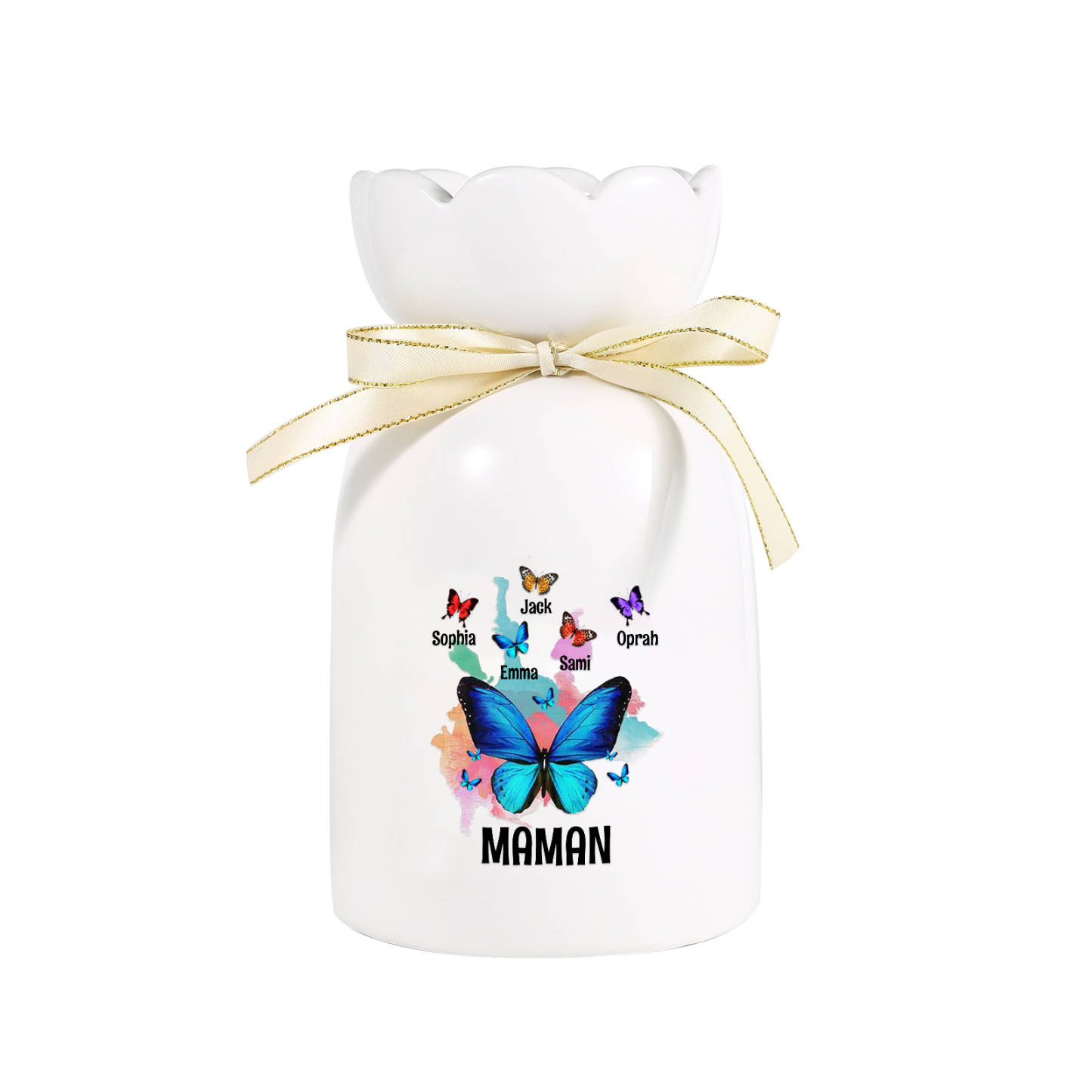 À Maman/Mamie - Vase en Céramique Personnalisés avec 1-8 Prénoms et 1 Texte Vase Motif Papillons Colorés (sans fleurs) | Jessemade