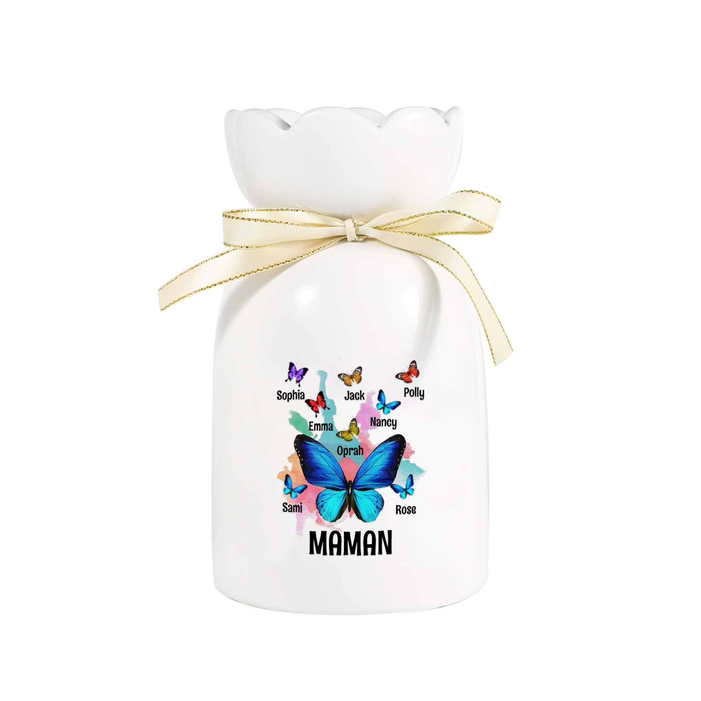 À Maman/Mamie - Vase en Céramique Personnalisés avec 1-8 Prénoms et 1 Texte Vase Motif Papillons Colorés (sans fleurs) | Jessemade