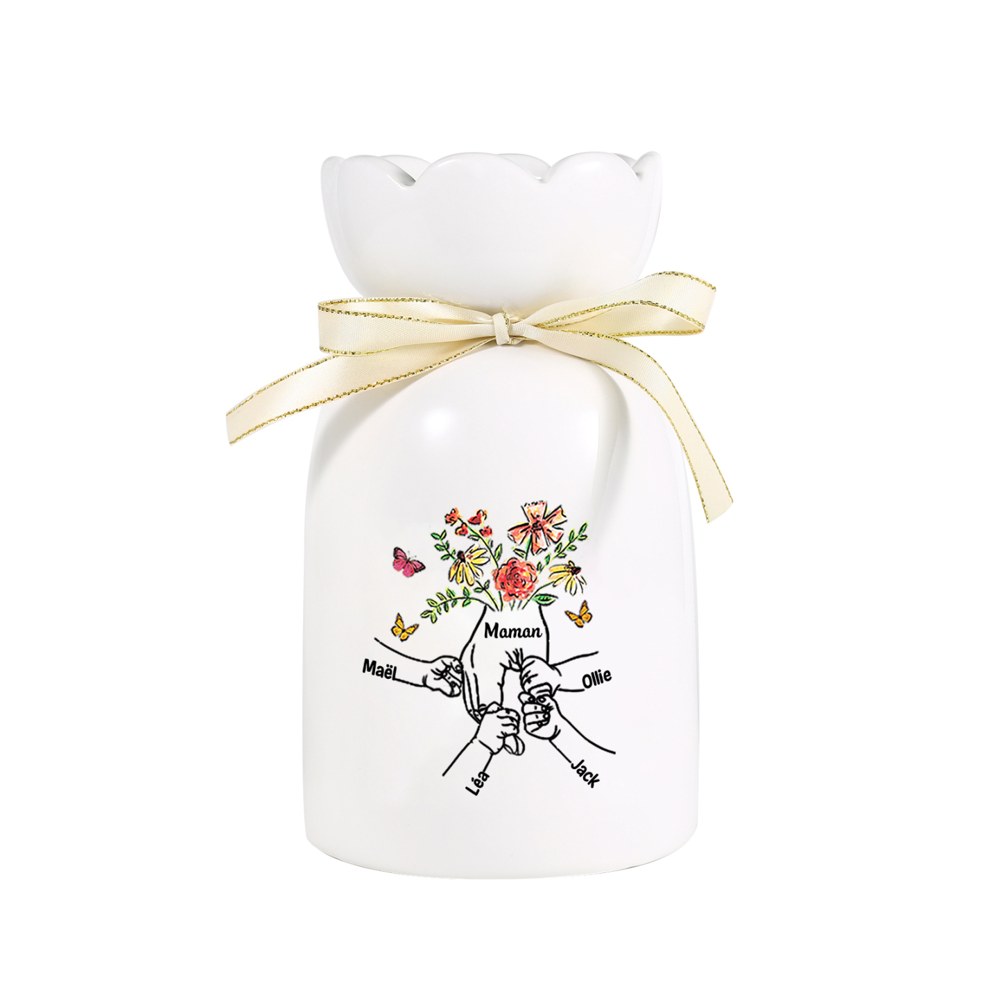 Vase Personnalisé avec 2-8 Prénoms et 1 Texte Vase en Céramique Motif la Main dans la Main (sans fleurs) | Jessemade