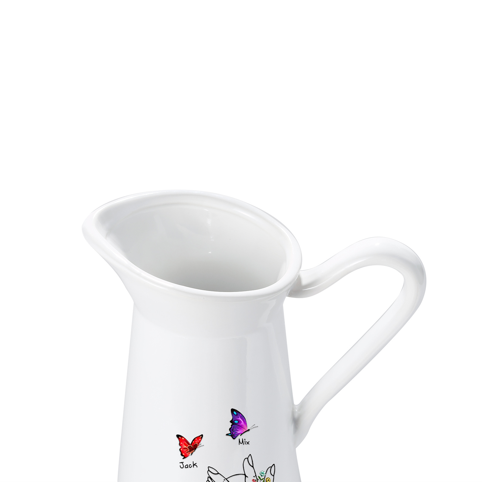 À Maman/Mamie - Vase Personnalisé 2-8 Prénoms avec 1 Texte Vase Forme Pichet et Papillonen Céramique (sans fleurs) | Jessemade