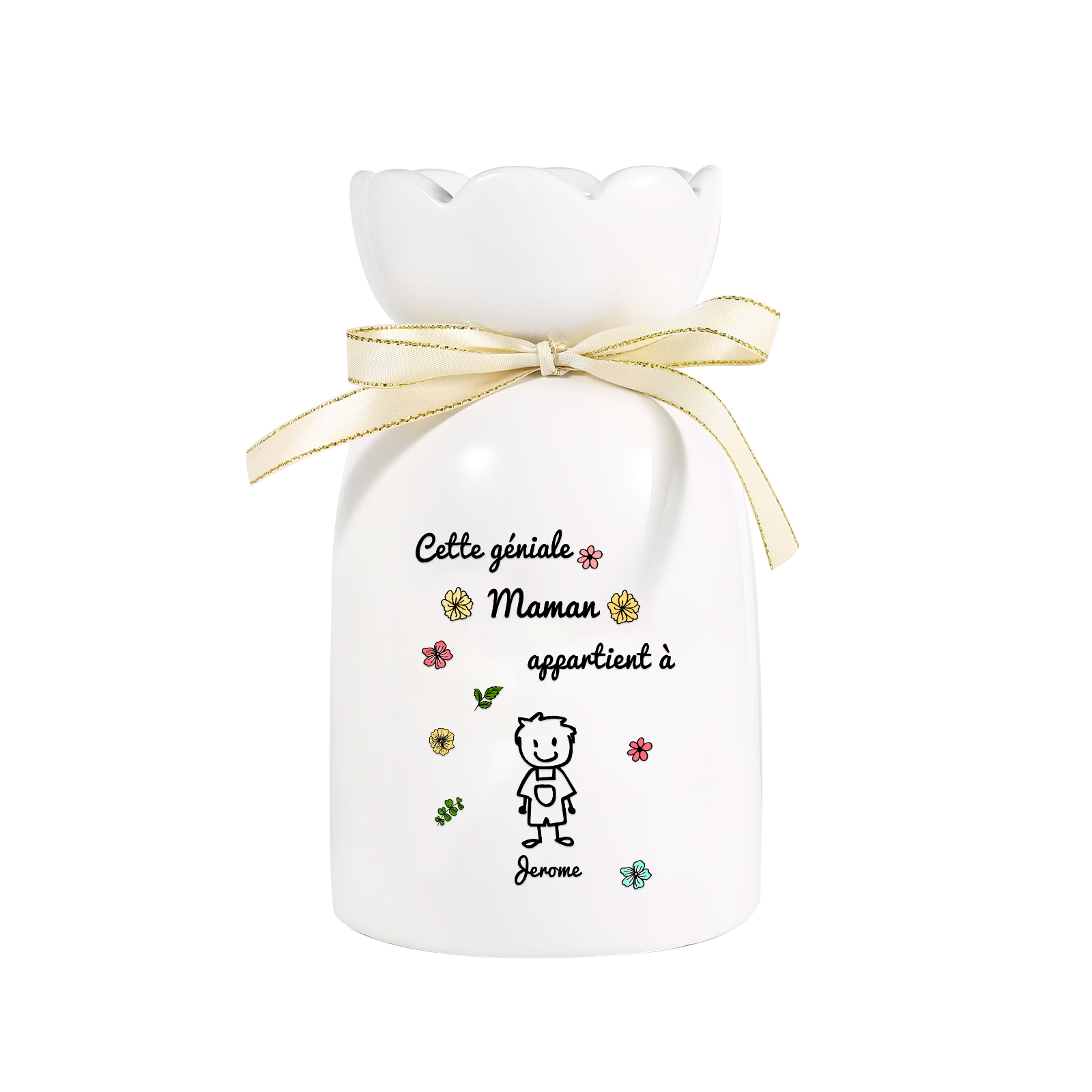 Vase avec Ruban 1-6 Prénoms et Enfants Personnalisés avec 1 Tetxe Vase en Céramique (sans fleurs) | Jessemade