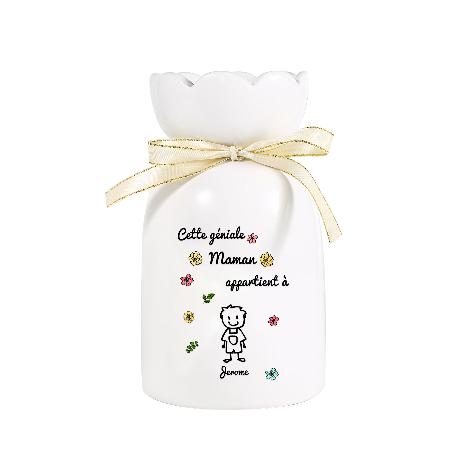 Vase avec Ruban 1-6 Prénoms et Enfants Personnalisés avec 1 Tetxe Vase en Céramique (sans fleurs) | Jessemade