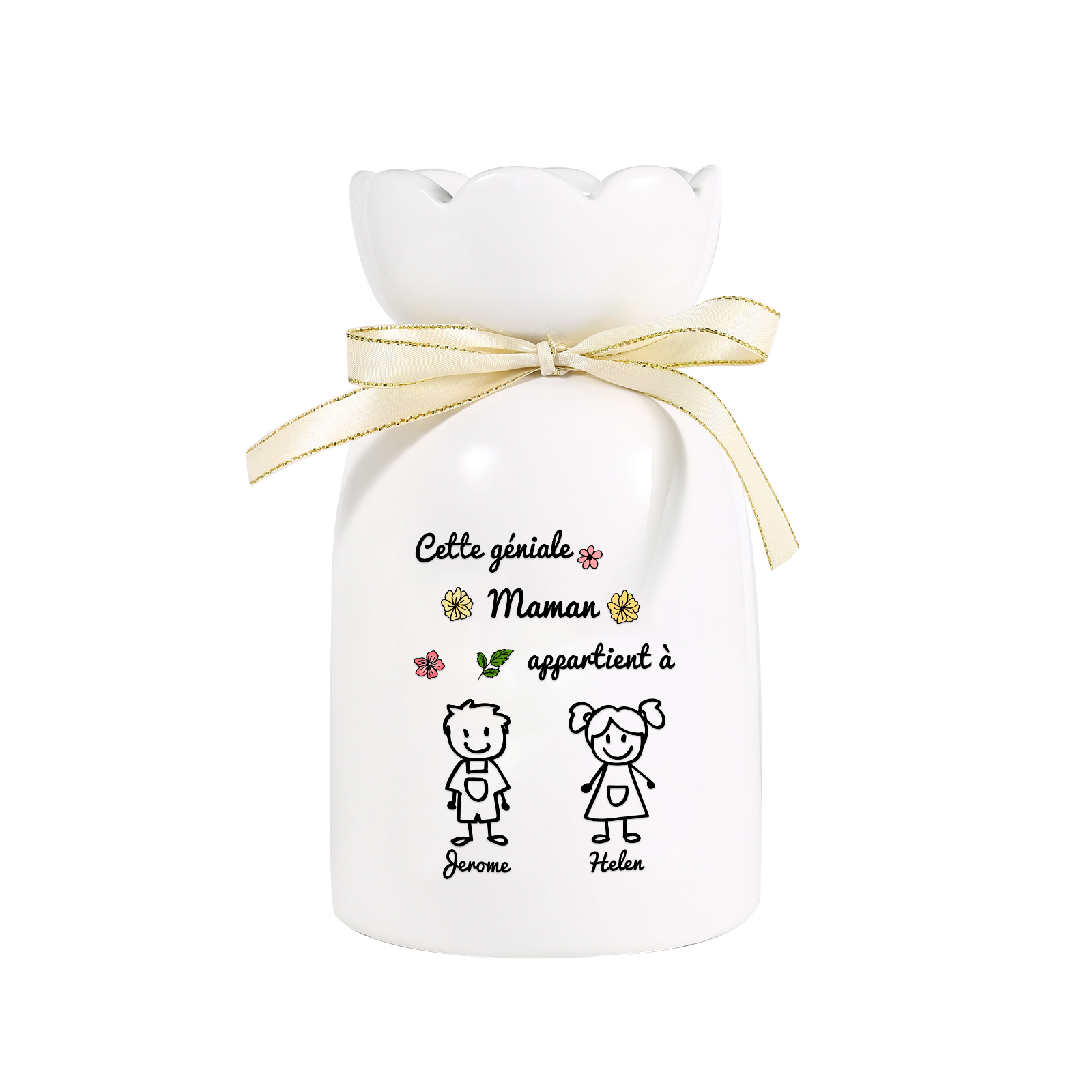 Vase avec Ruban 1-6 Prénoms et Enfants Personnalisés avec 1 Tetxe Vase en Céramique (sans fleurs) | Jessemade
