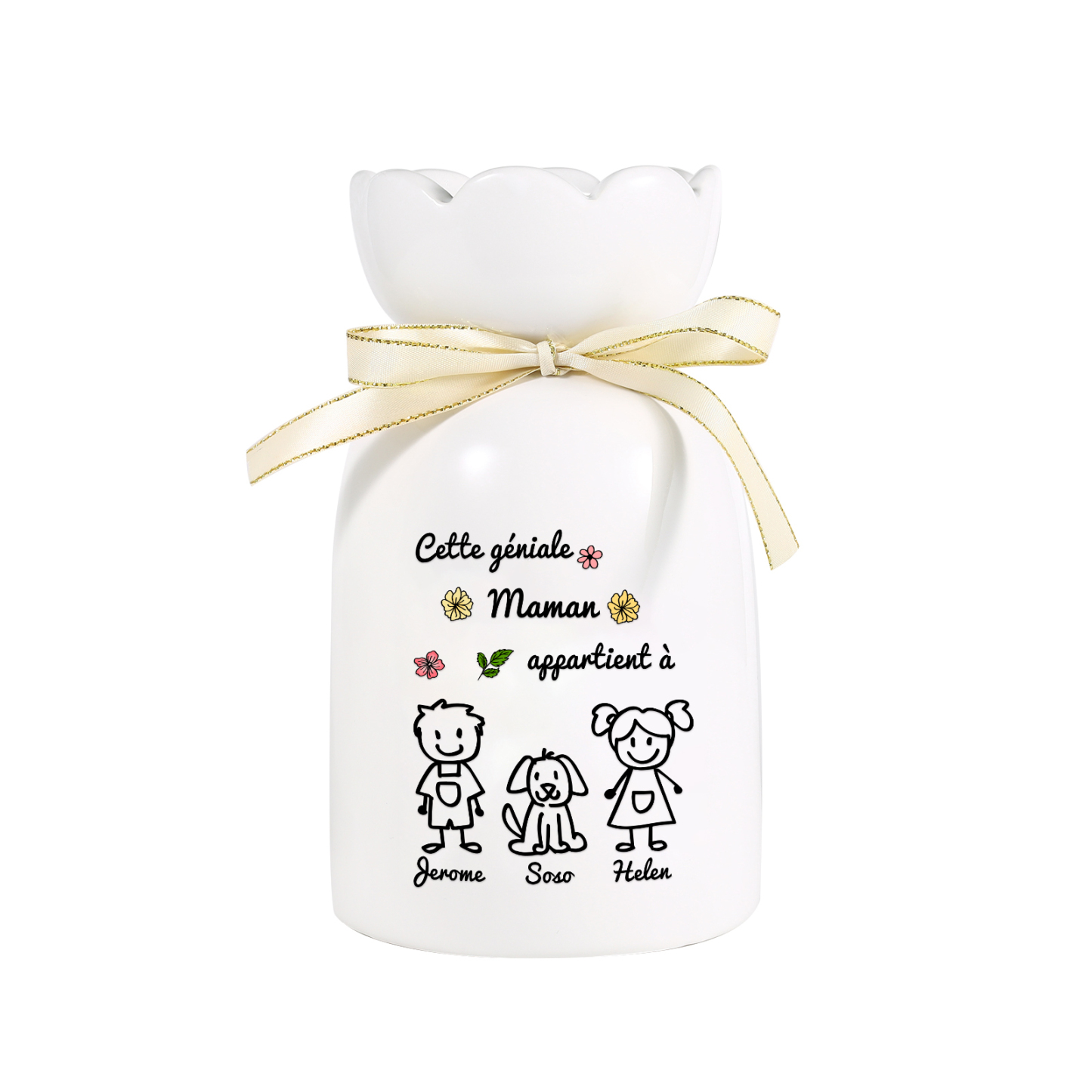 Vase avec Ruban 1-6 Prénoms et Enfants Personnalisés avec 1 Tetxe Vase en Céramique (sans fleurs) | Jessemade