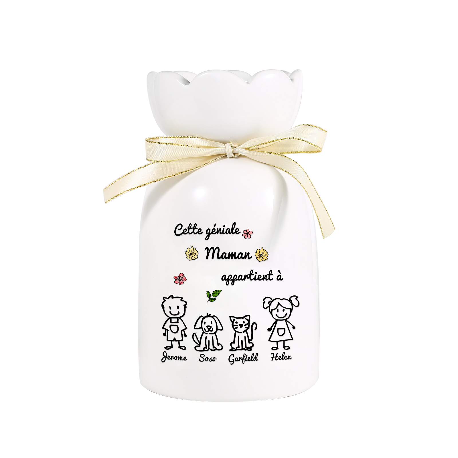 Vase avec Ruban 1-6 Prénoms et Enfants Personnalisés avec 1 Tetxe Vase en Céramique (sans fleurs) | Jessemade