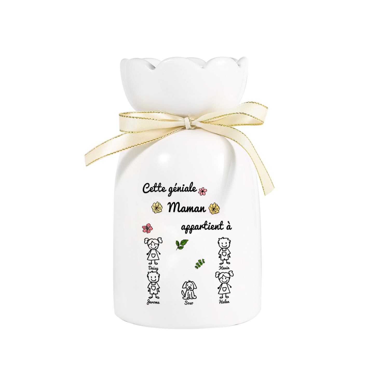 Vase avec Ruban 1-6 Prénoms et Enfants Personnalisés avec 1 Tetxe Vase en Céramique (sans fleurs) | Jessemade