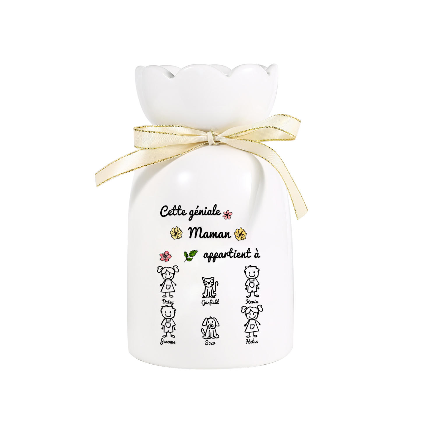 Vase avec Ruban 1-6 Prénoms et Enfants Personnalisés avec 1 Tetxe Vase en Céramique (sans fleurs) | Jessemade