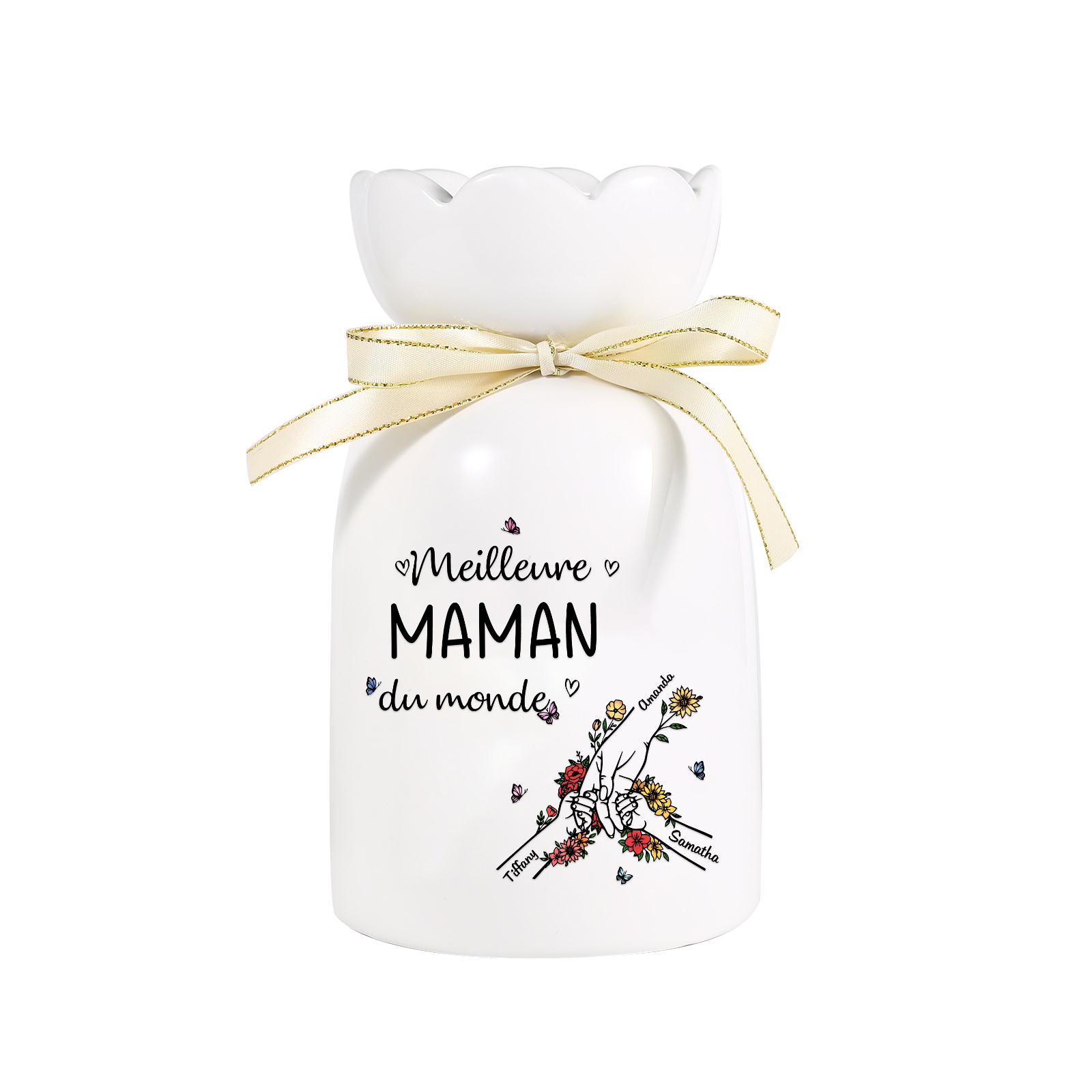 À ma Maman/Mamie-Vase Personnalisé avec 2-7 Prénoms et 1 Tetxe Vase la Main dans la Main avec Ruban en Céramique (sans fleurs) | Jessemade