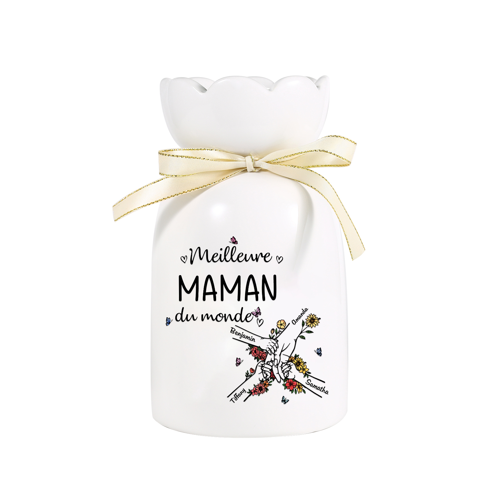 À ma Maman/Mamie-Vase Personnalisé avec 2-7 Prénoms et 1 Tetxe Vase la Main dans la Main avec Ruban en Céramique (sans fleurs) | Jessemade