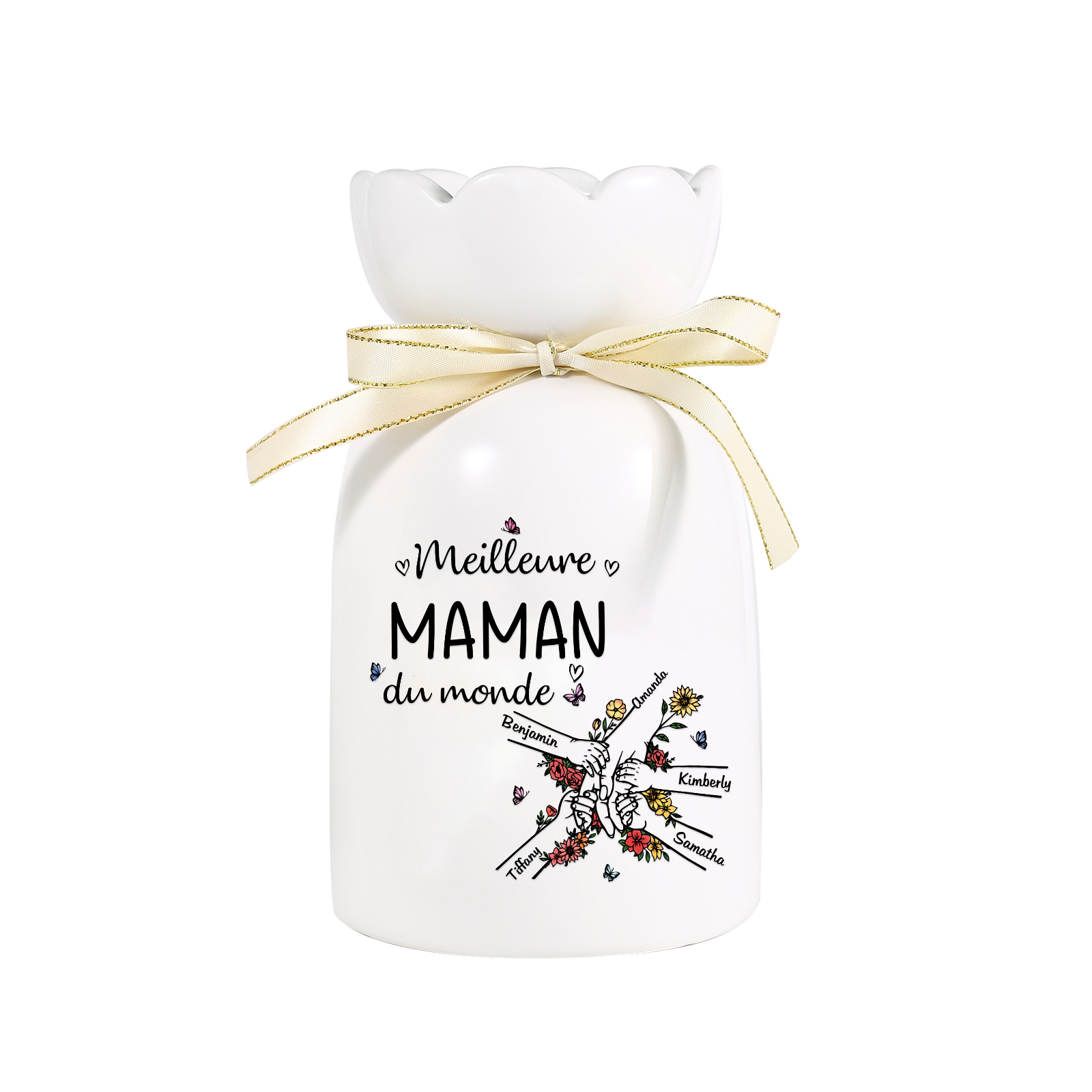 À ma Maman/Mamie-Vase Personnalisé avec 2-7 Prénoms et 1 Tetxe Vase la Main dans la Main avec Ruban en Céramique (sans fleurs) | Jessemade