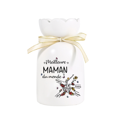 À ma Maman/Mamie-Vase Personnalisé avec 2-7 Prénoms et 1 Tetxe Vase la Main dans la Main avec Ruban en Céramique (sans fleurs) | Jessemade