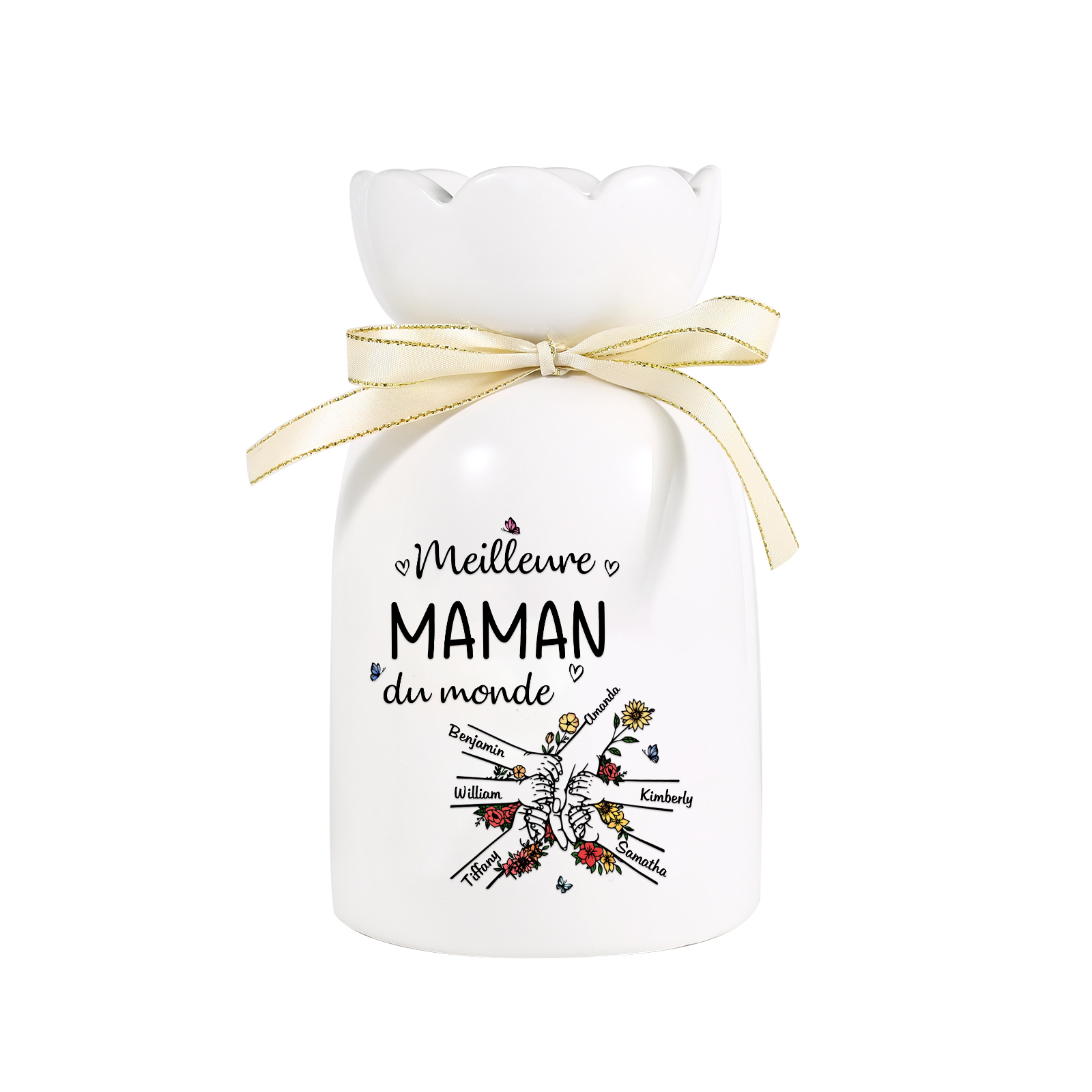 À ma Maman/Mamie-Vase Personnalisé avec 2-7 Prénoms et 1 Tetxe Vase la Main dans la Main avec Ruban en Céramique (sans fleurs) | Jessemade