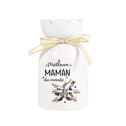 À ma Maman/Mamie-Vase Personnalisé avec 2-7 Prénoms et 1 Tetxe Vase la Main dans la Main avec Ruban en Céramique (sans fleurs) | Jessemade