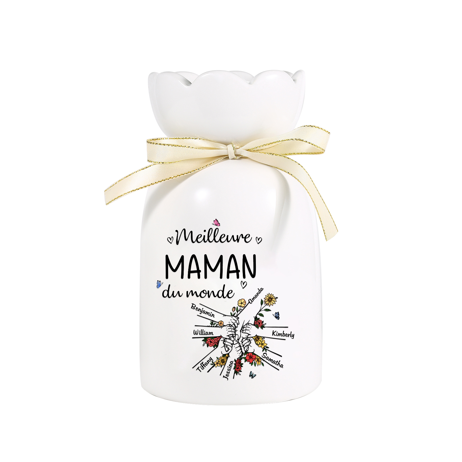 À ma Maman/Mamie-Vase Personnalisé avec 2-7 Prénoms et 1 Tetxe Vase la Main dans la Main avec Ruban en Céramique (sans fleurs) | Jessemade