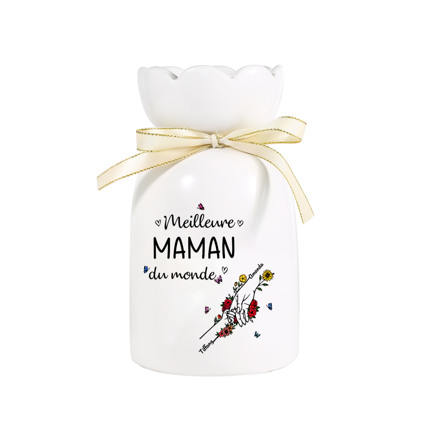 À ma Maman/Mamie-Vase Personnalisé avec 2-7 Prénoms et 1 Tetxe Vase la Main dans la Main avec Ruban en Céramique (sans fleurs) | Jessemade