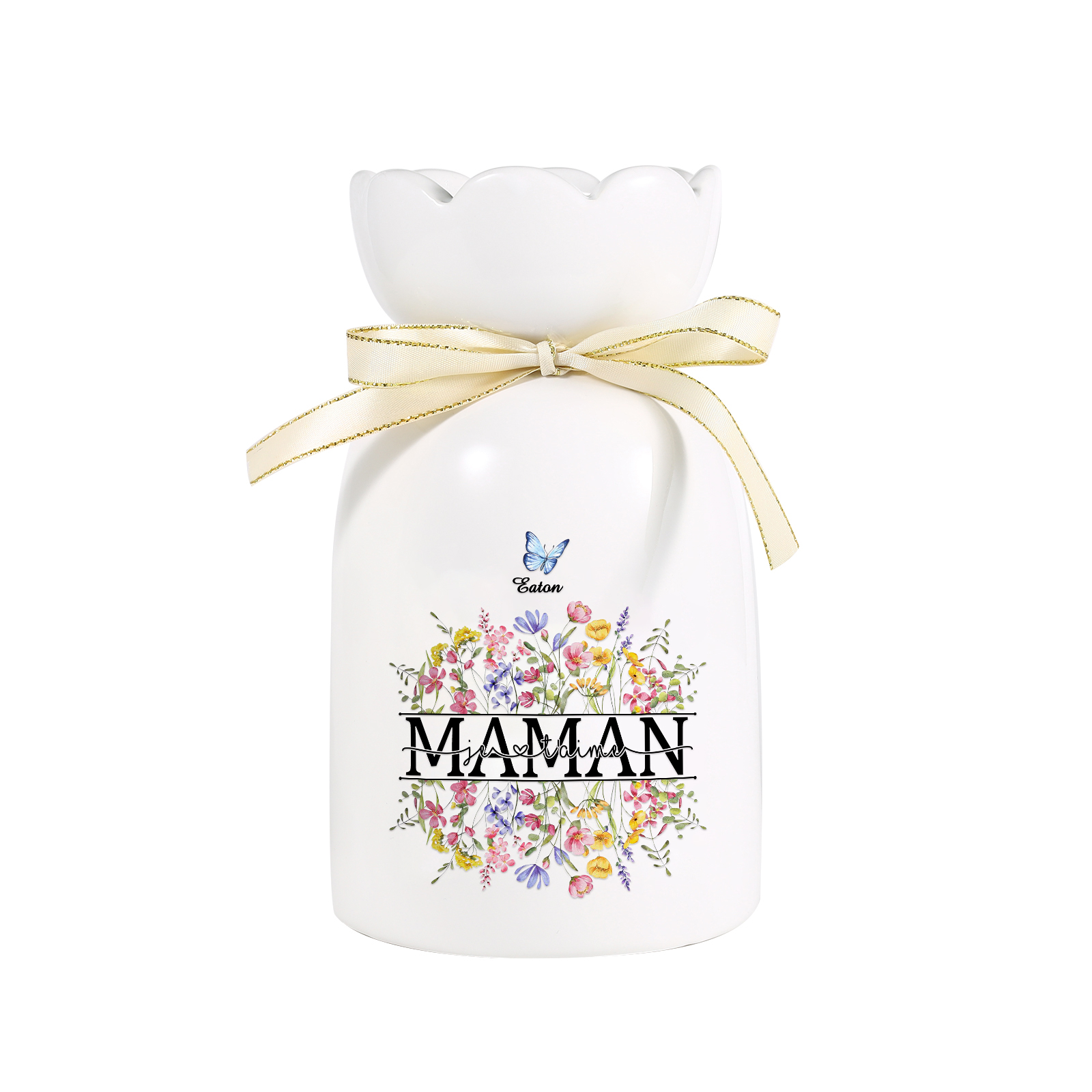 À ma Maman-Vase Personnalisé avec 1-5 Prénoms Vase Fluers et Papillon avec Ruban en Céramique (sans fleurs) | Jessemade