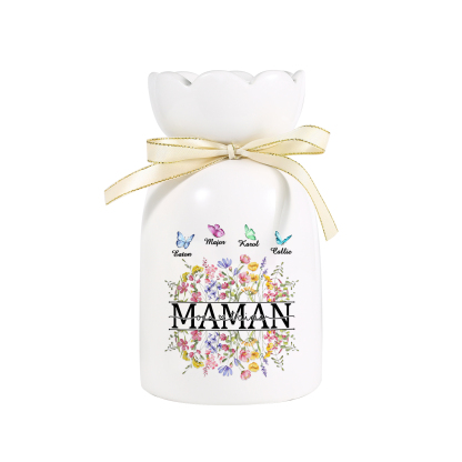 À ma Maman-Vase Personnalisé avec 1-5 Prénoms Vase Fluers et Papillon avec Ruban en Céramique (sans fleurs) | Jessemade