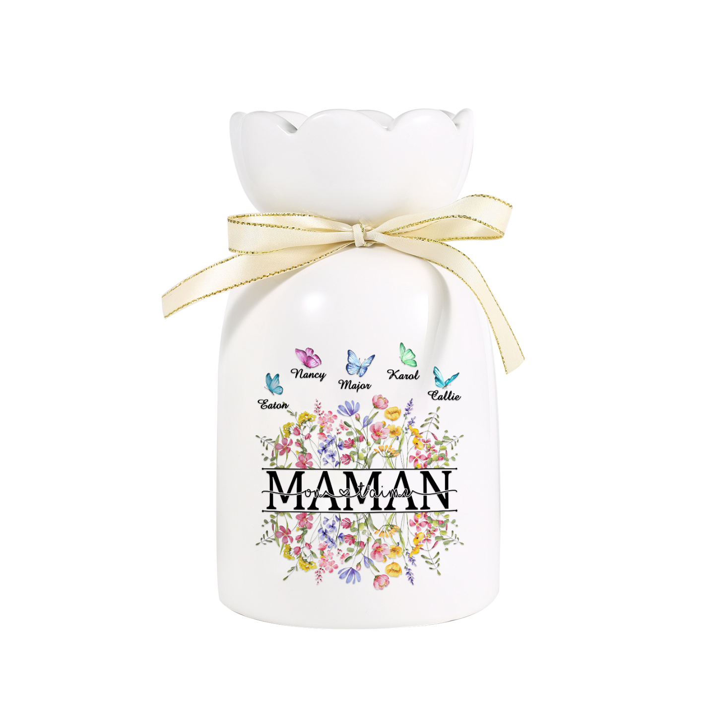 À ma Maman-Vase Personnalisé avec 1-5 Prénoms Vase Fluers et Papillon avec Ruban en Céramique (sans fleurs) | Jessemade