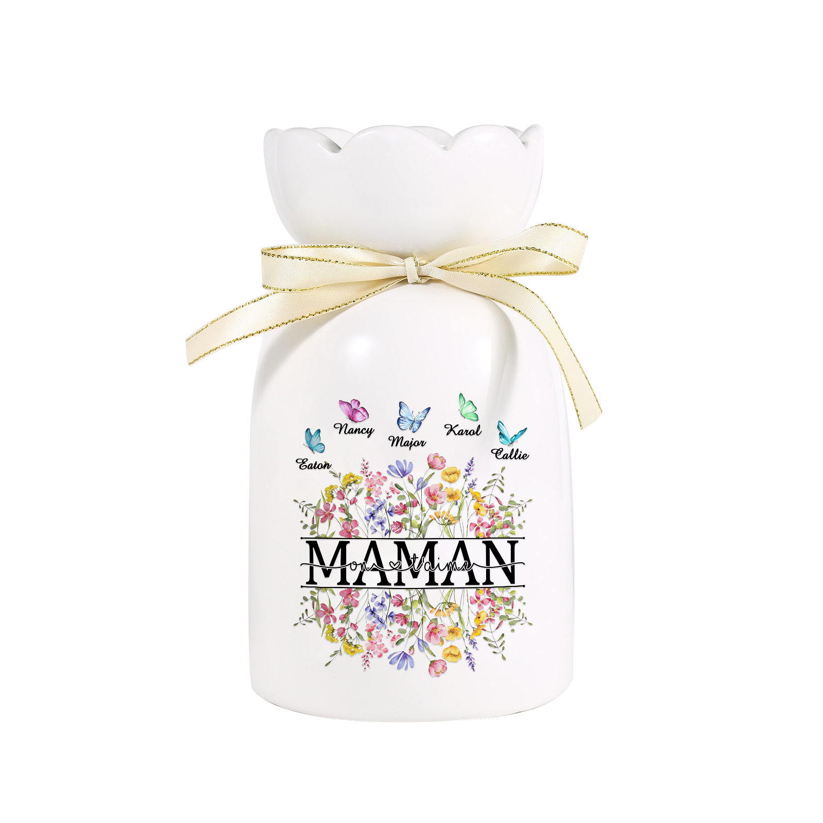 À ma Maman-Vase Personnalisé avec 1-5 Prénoms Vase Fluers et Papillon avec Ruban en Céramique (sans fleurs) | Jessemade