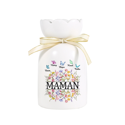 À ma Maman-Vase Personnalisé avec 1-5 Prénoms Vase Fluers et Papillon avec Ruban en Céramique (sans fleurs) | Jessemade
