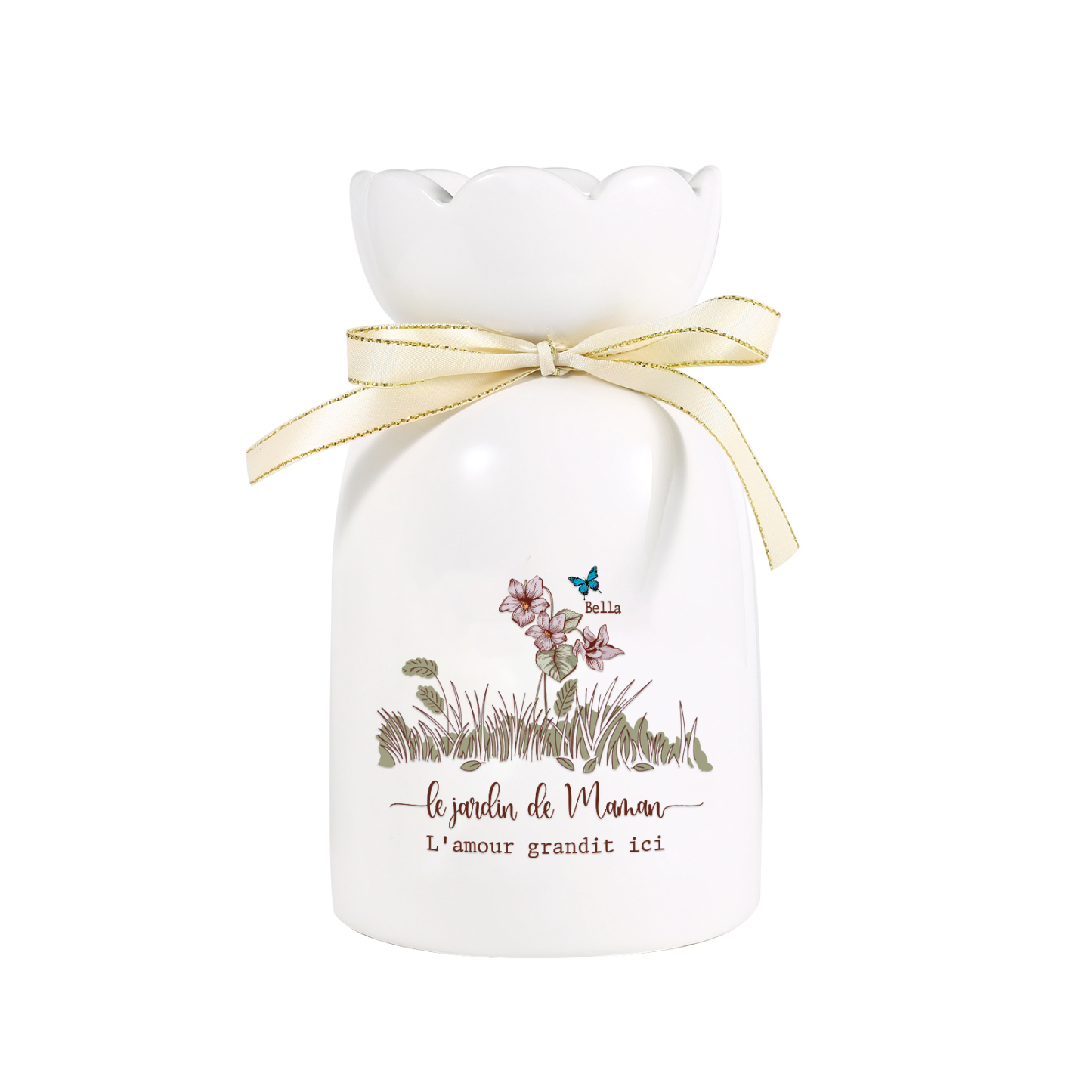 Vase Personnalisé avec 1-5 Prénoms & Fleurs de Naissance et 2 Tetxes Vase Fluers et Papillons en Céramique (sans fleurs) | Jessemade