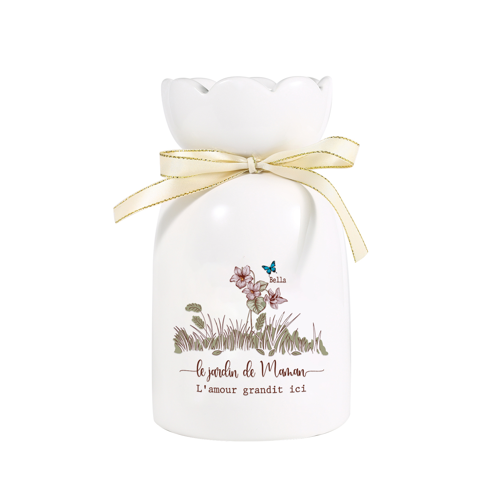 Vase Personnalisé avec 1-5 Prénoms & Fleurs de Naissance et 2 Tetxes Vase Fluers et Papillons en Céramique (sans fleurs) | Jessemade