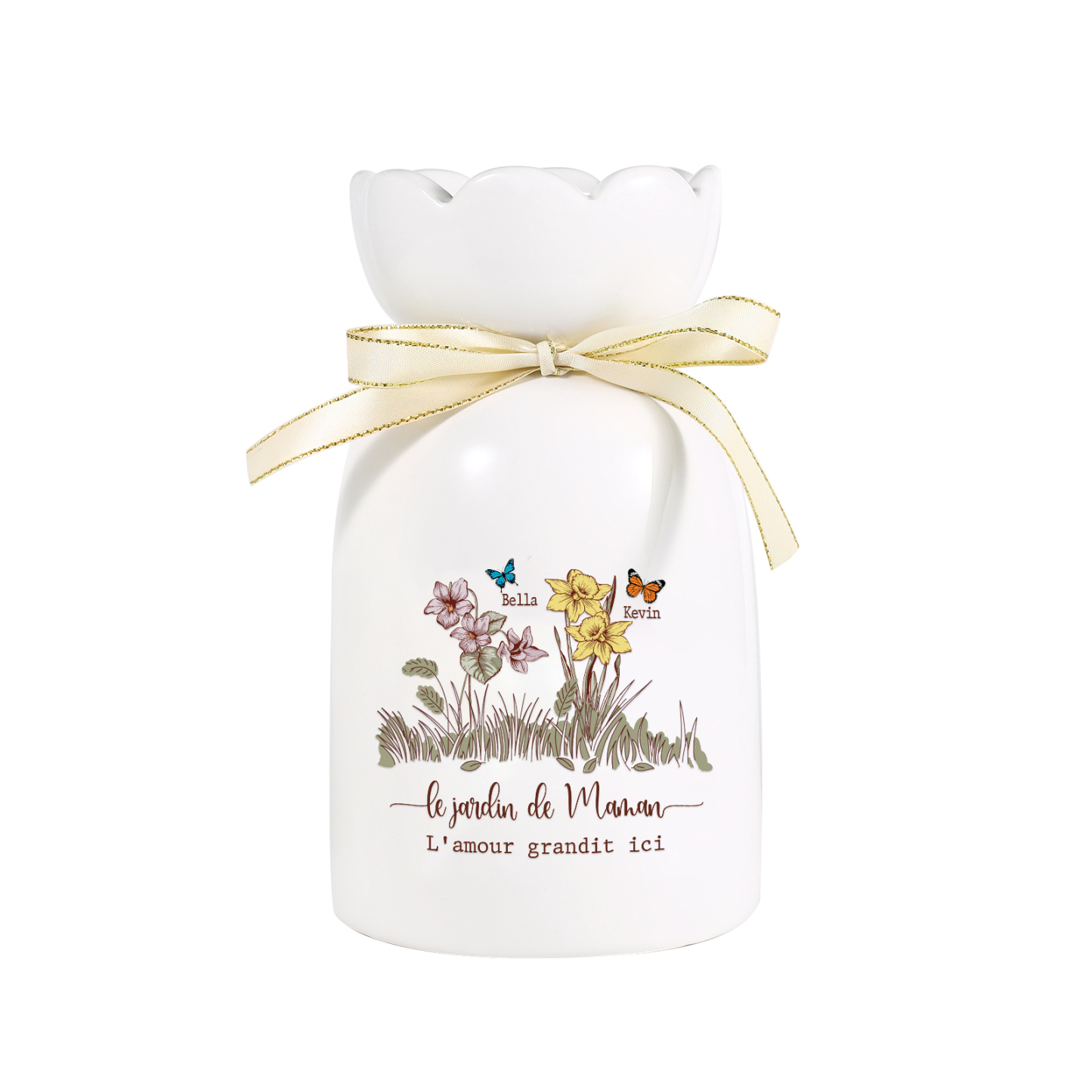 Vase Personnalisé avec 1-5 Prénoms & Fleurs de Naissance et 2 Tetxes Vase Fluers et Papillons en Céramique (sans fleurs) | Jessemade