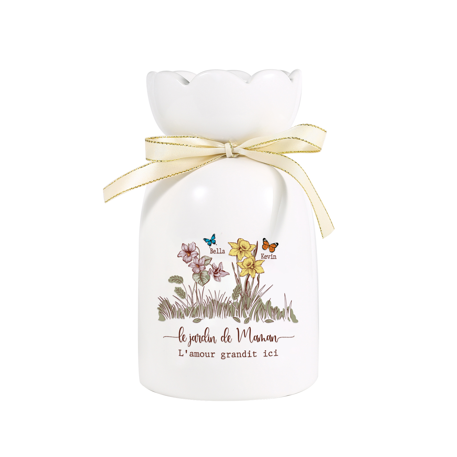 Vase Personnalisé avec 1-5 Prénoms & Fleurs de Naissance et 2 Tetxes Vase Fluers et Papillons en Céramique (sans fleurs) | Jessemade
