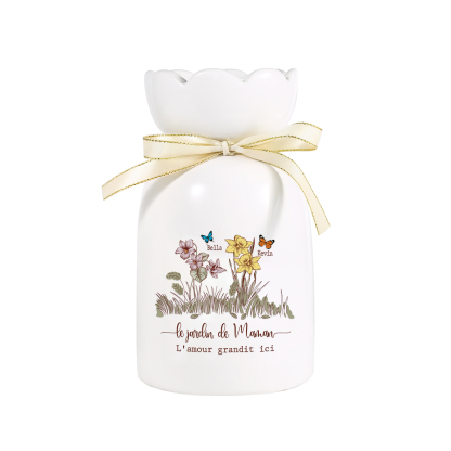 Vase Personnalisé avec 1-5 Prénoms & Fleurs de Naissance et 2 Tetxes Vase Fluers et Papillons en Céramique (sans fleurs) | Jessemade