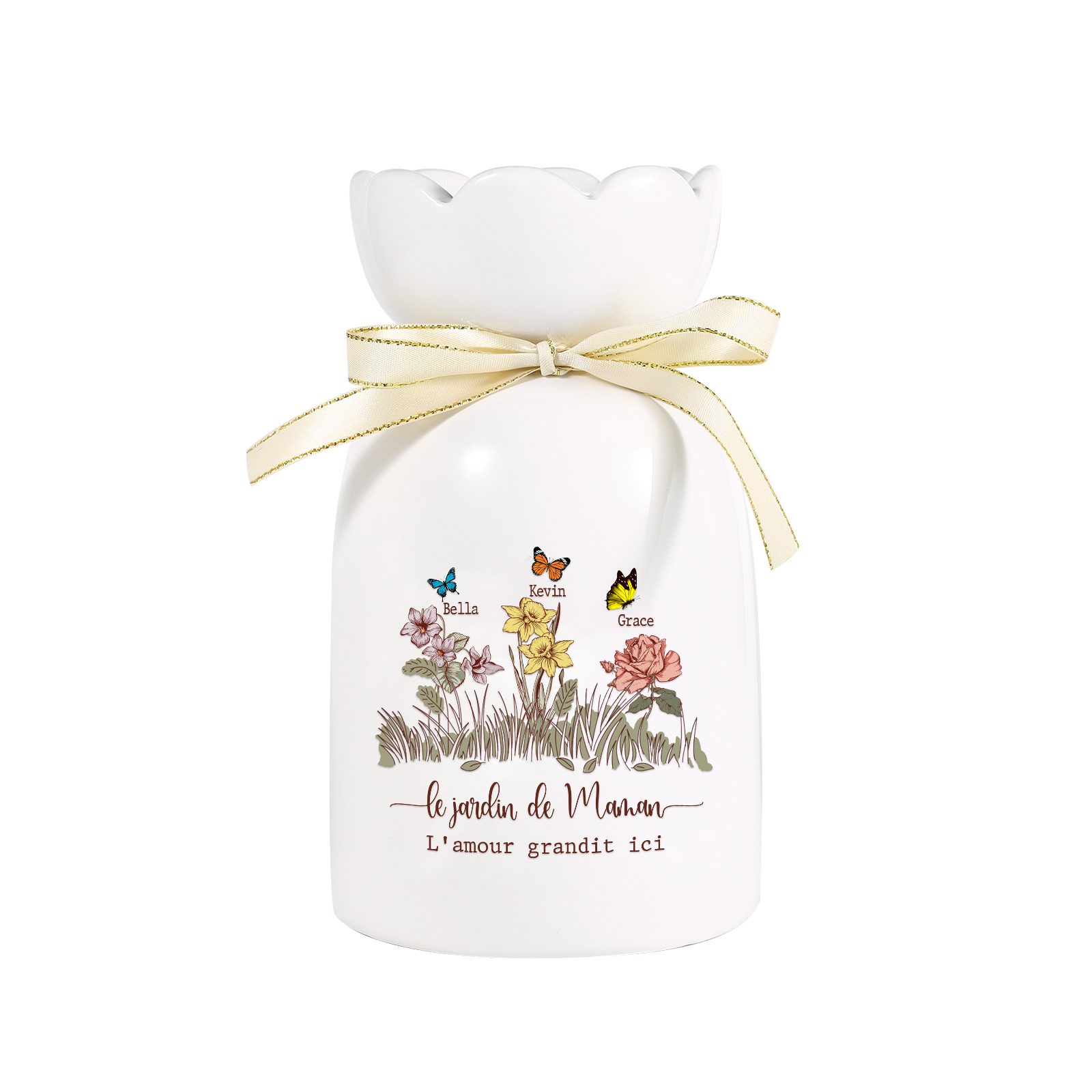 Vase Personnalisé avec 1-5 Prénoms & Fleurs de Naissance et 2 Tetxes Vase Fluers et Papillons en Céramique (sans fleurs) | Jessemade