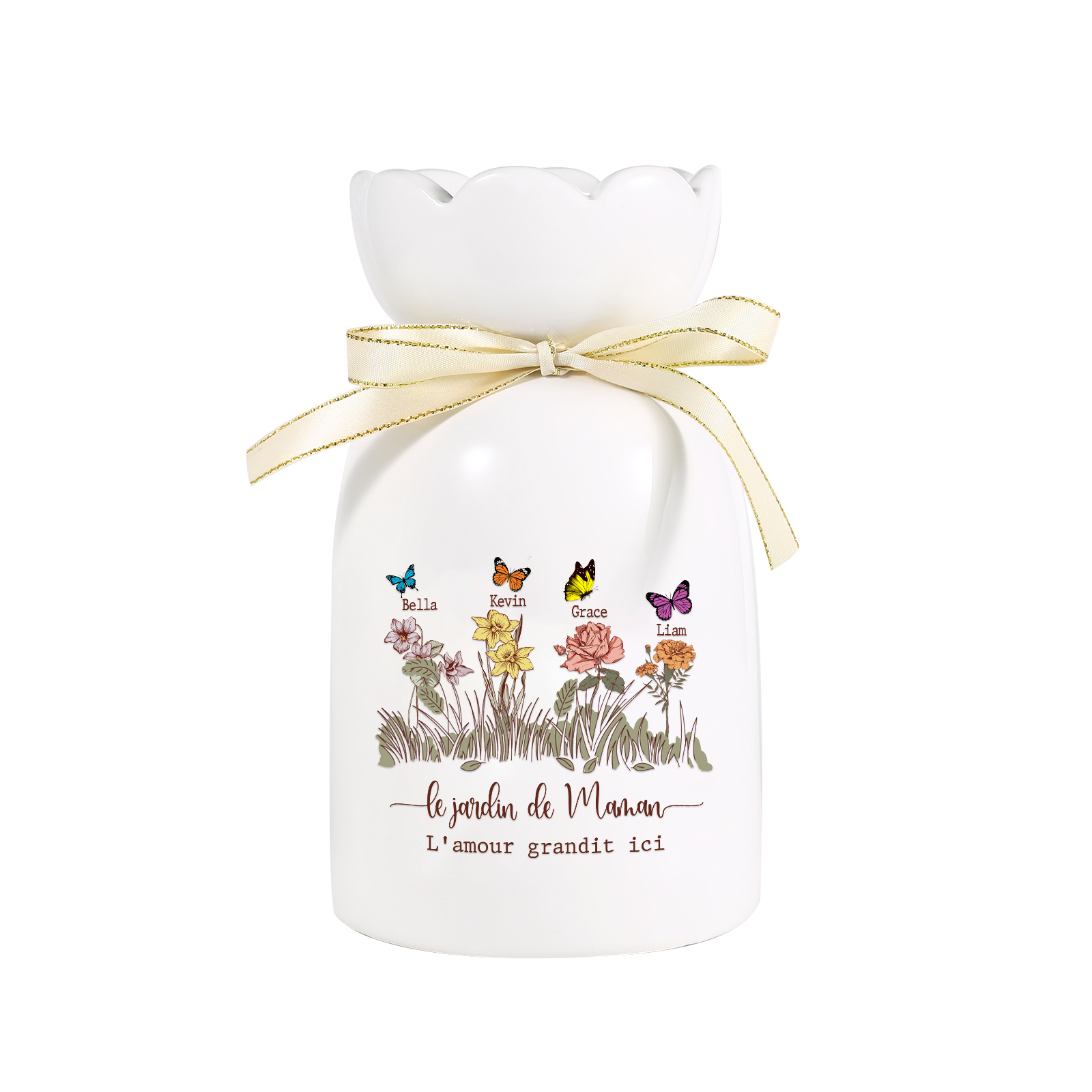 Vase Personnalisé avec 1-5 Prénoms & Fleurs de Naissance et 2 Tetxes Vase Fluers et Papillons en Céramique (sans fleurs) | Jessemade