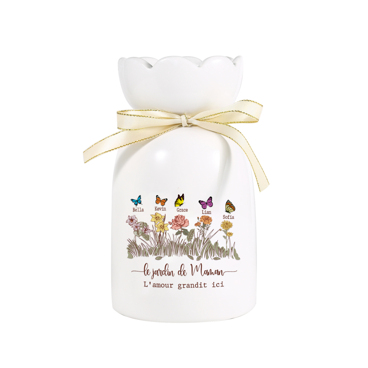 Vase Personnalisé avec 1-5 Prénoms & Fleurs de Naissance et 2 Tetxes Vase Fluers et Papillons en Céramique (sans fleurs) | Jessemade