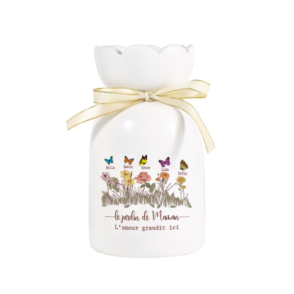 Vase Personnalisé avec 1-5 Prénoms & Fleurs de Naissance et 2 Tetxes Vase Fluers et Papillons en Céramique (sans fleurs) | Jessemade