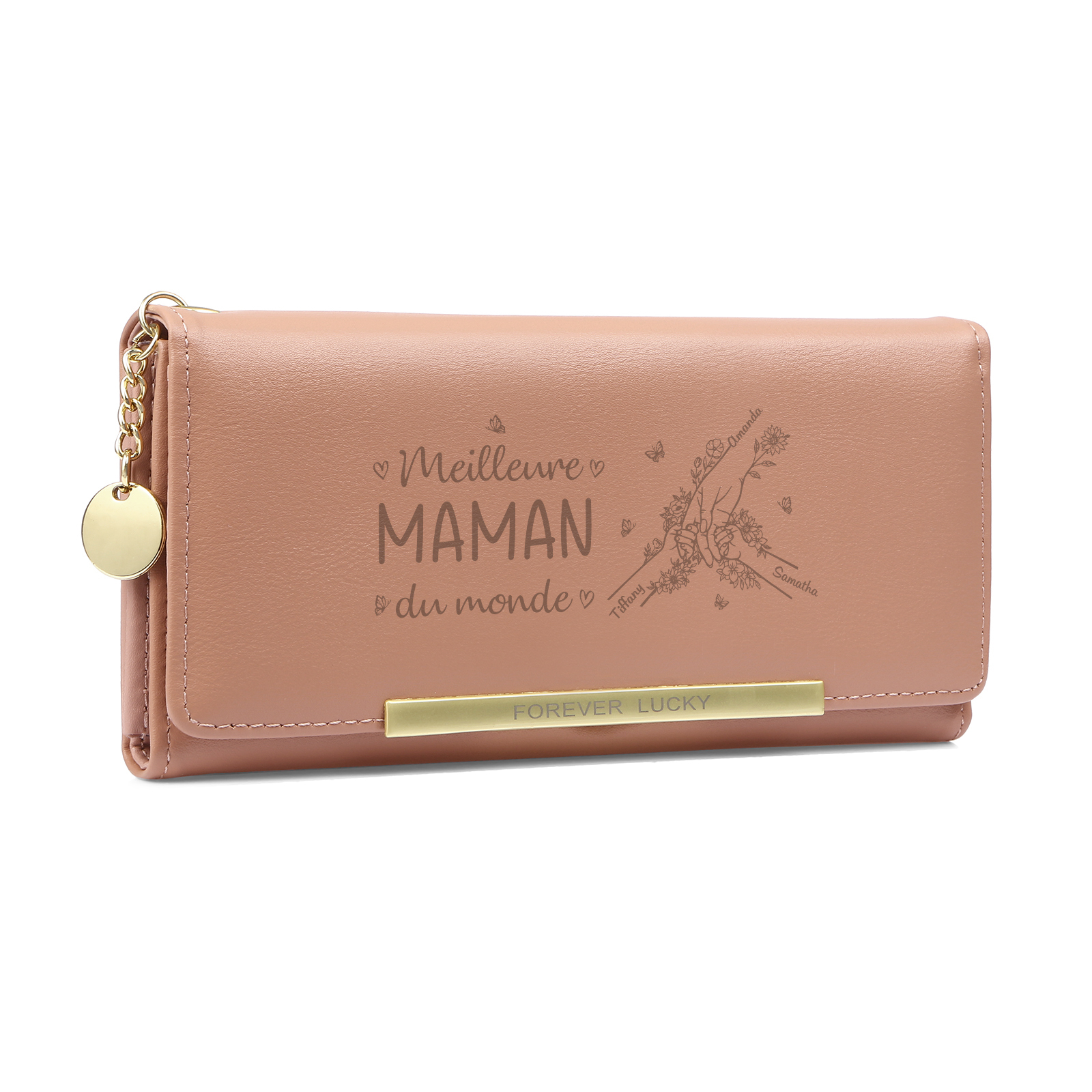 À Maman -Portefeuille Personnalisé long en cuir PU avec 3 Prénoms La Main Dans La Main Porte-monnaie pour Maman | Jessemade