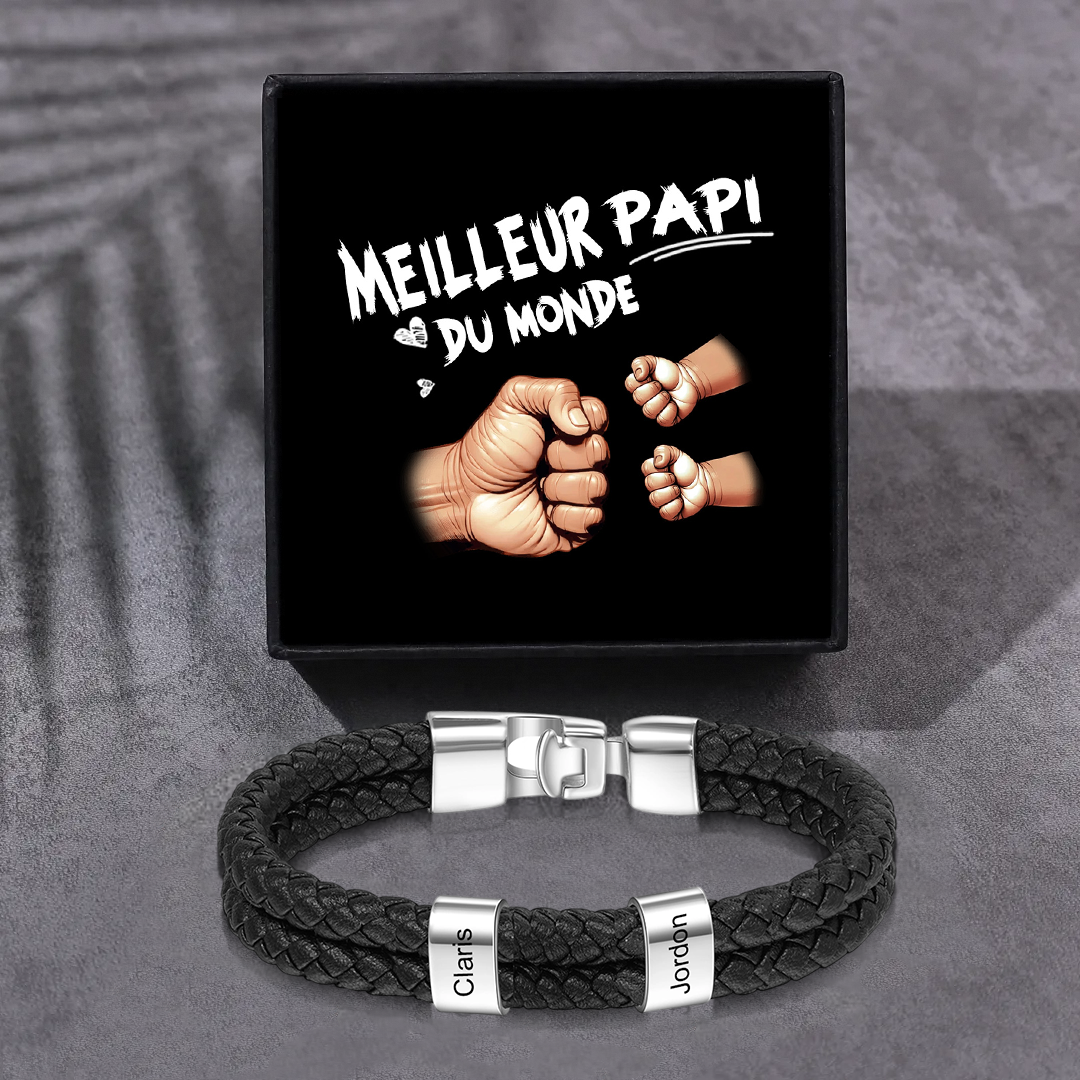 Bracelet Cuir Tressé Personnalisé – 1 à 6 Perles pour Papi/Papy/Grand-Père