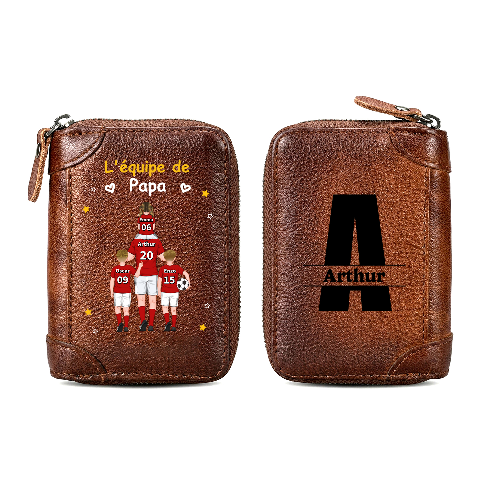 Porte-Cartes Zippé en Cuir Véritable Personnalisé – L’Équipe de Papa avec 2 à 6 Prénoms